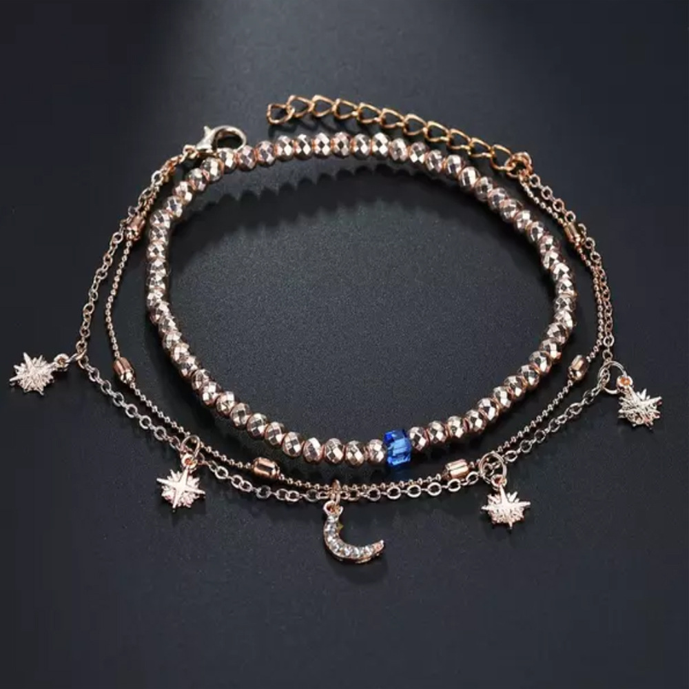 Three-layer pearl star and moon gold anklet