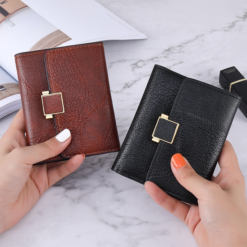 KAITIFEI Ví nữ da ngắn gập cầm tay mini nhỏ gọn đẹp giá rẻ vintage sang trọng