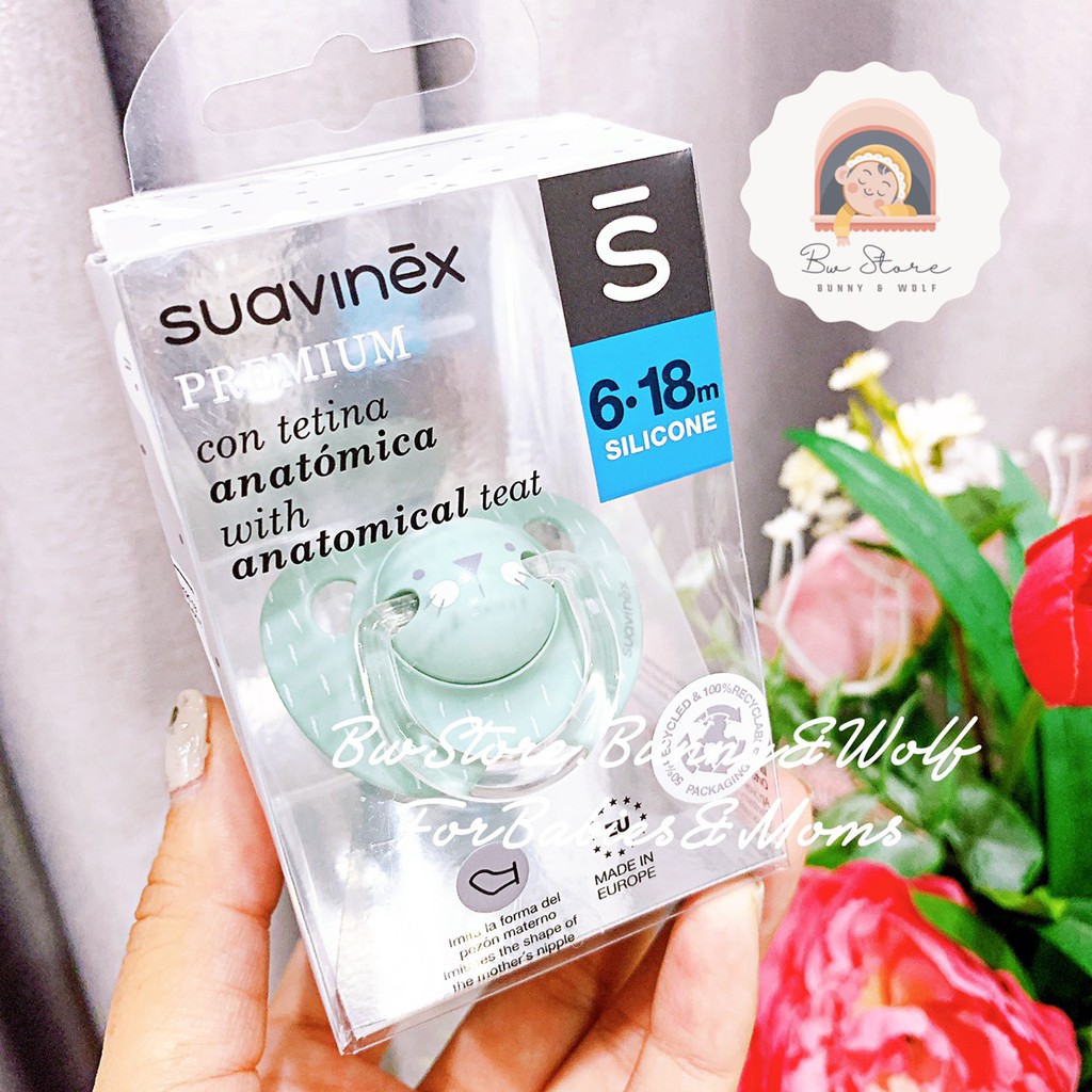 Ti giả Suavinex Premium 2021 - Núm Silicone Dẹt - 6-18 tháng