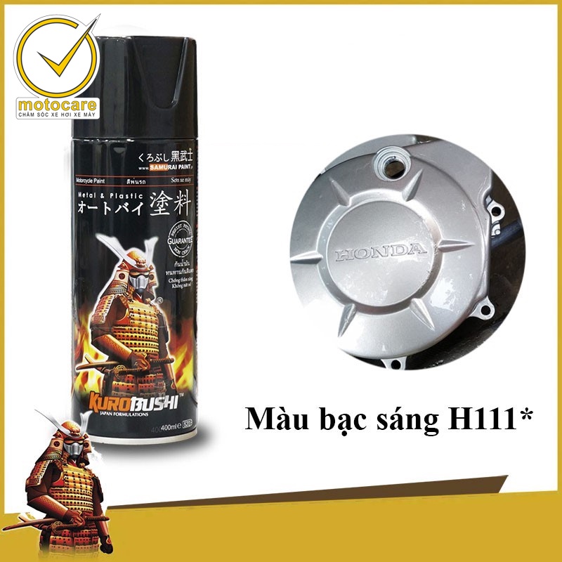 Bộ sản phẩm Chai sơn xịt xe máy Samurai H111 màu bạc sáng Honda, giấy nhám Nhật