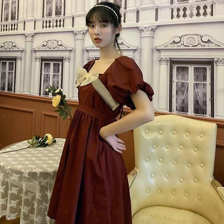 ⭐0412⭐ Classic French square neck dress