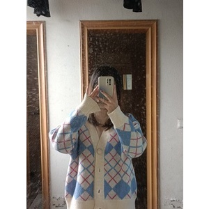 Hàng Sẵn_Áo khoác cardidan len dày rộng rãi thiết kế kẻ sọc retro