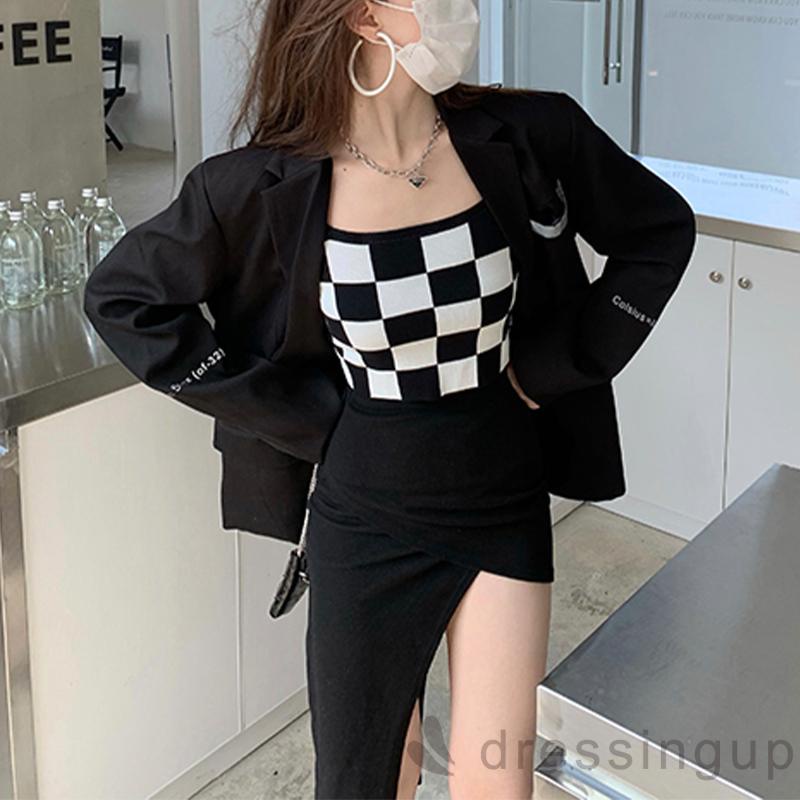 Áo lửng hai dây họa tiết ca rô đen/nâu thiết kế thời trang cho nữ