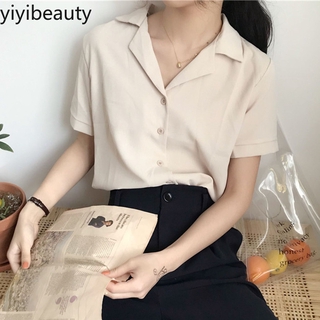 Áo Sơ Mi Nữ Tay Ngắn Màu Trơn Phong Cách Hàn Quốc Thời Trang Mùa Hè 2020
