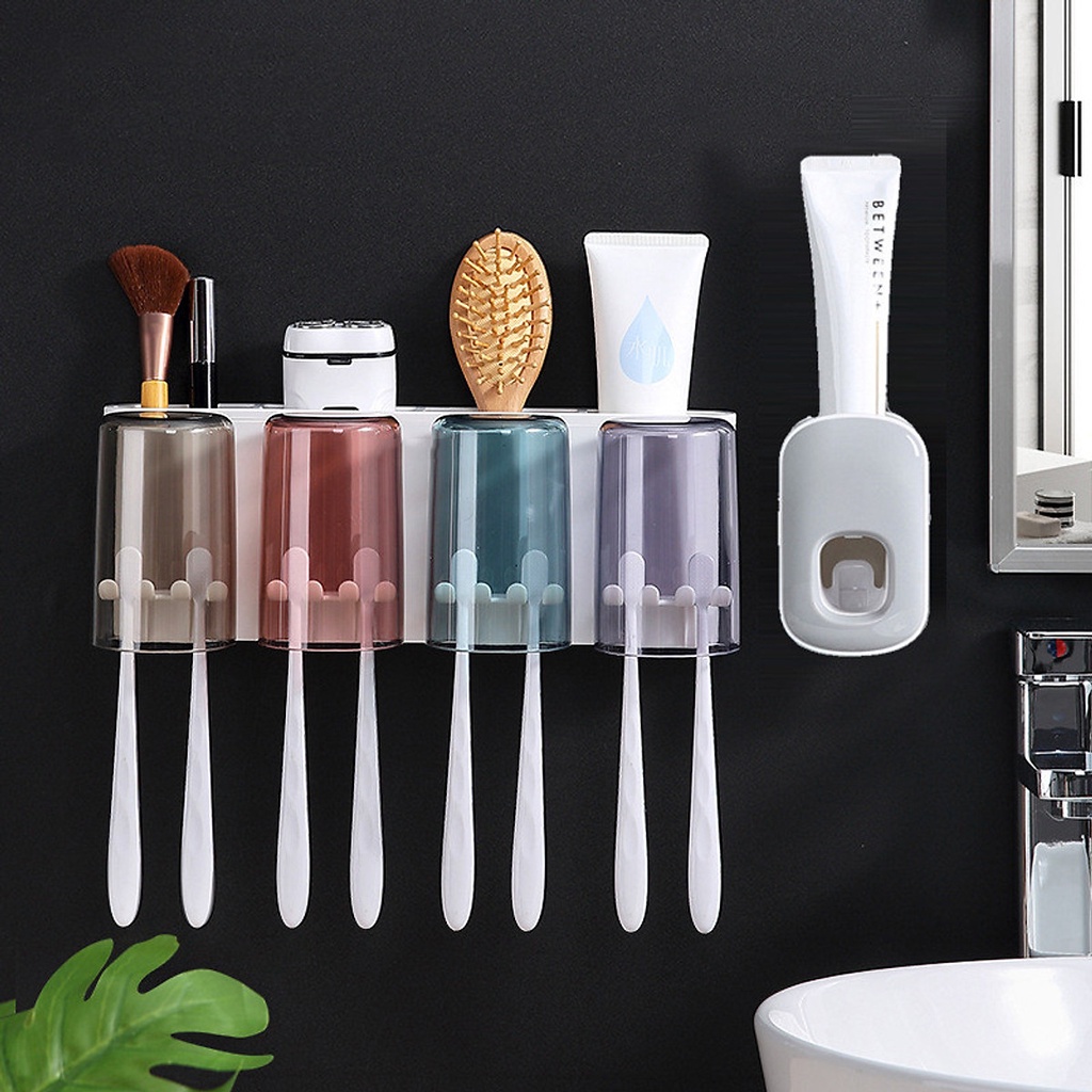 Bộ nhả kem đánh răng tự động Hãng ECOCO loại 4 cốc Freeship Kệ đựng bàn chải đánh răng - kệ để đồ nhà tắm dán tường