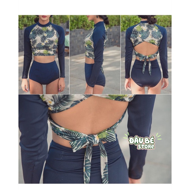 Bikini Đi Biển 2 Mảnh Họa Tiết Hoa - Đồ Bơi Nữ Croptop Dài Tay Quần Đùi Thun Lạnh Co Giãn Thời Trang Hàn Quốc -DB- B014