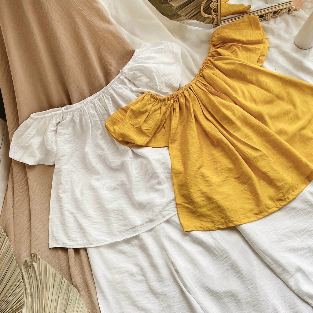 Set áo rớt vai phồng + quần suông (SL NHỎ) Màu gì đi nữa thì màu trắng, vàng vẫn là màu em yêuuu. Full set sang - xịn -