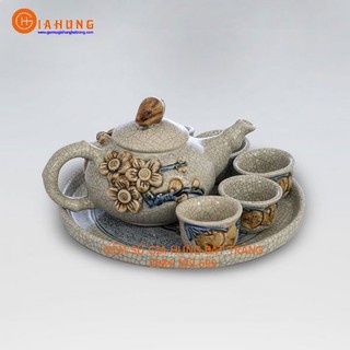 Bộ ấm chén thờ men rạn đắp nổi hoa đào gốm sứ Gia Hưng Bát Tràng