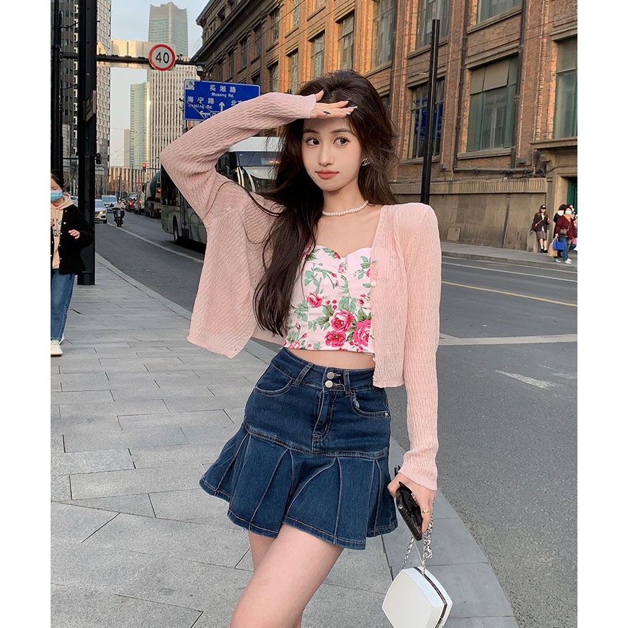 Qiu Meatyao Xiaoxiang Áo Khoác Cardigan Dệt Kim Mỏng Dáng Ngắn Chống Nắng Làm Đẹp Ngọt Ngào