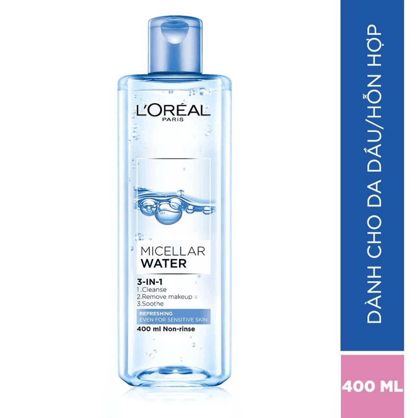 Nước tẩy trang L'Oreal Paris 3-in-1 Micellar Water 400ml [SẠCH BÓNG, SÁNG MỊN]