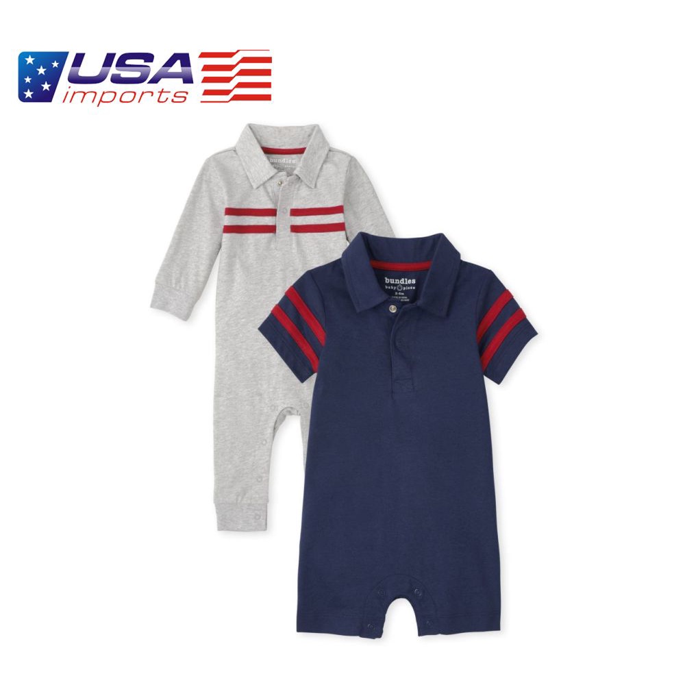 Bộ 2 áo liền thân dạng đùi kèm jumpsuit cotton xám xanh cổ polo Children's Place Auth Từ Mỹ (3027047_1279)