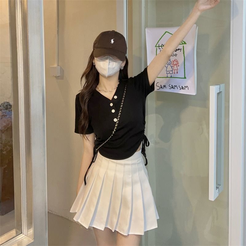 IELGY Áo Thun Tay Ngắn Cổ Chữ v Phối Dây Rút Thời Trang Cho Nữ