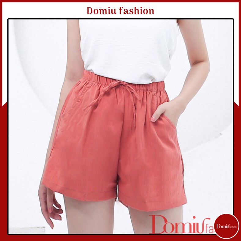 Quần shorts nữ đẹp ống rộng cạp chun chất đũi - QDD - DOMIU