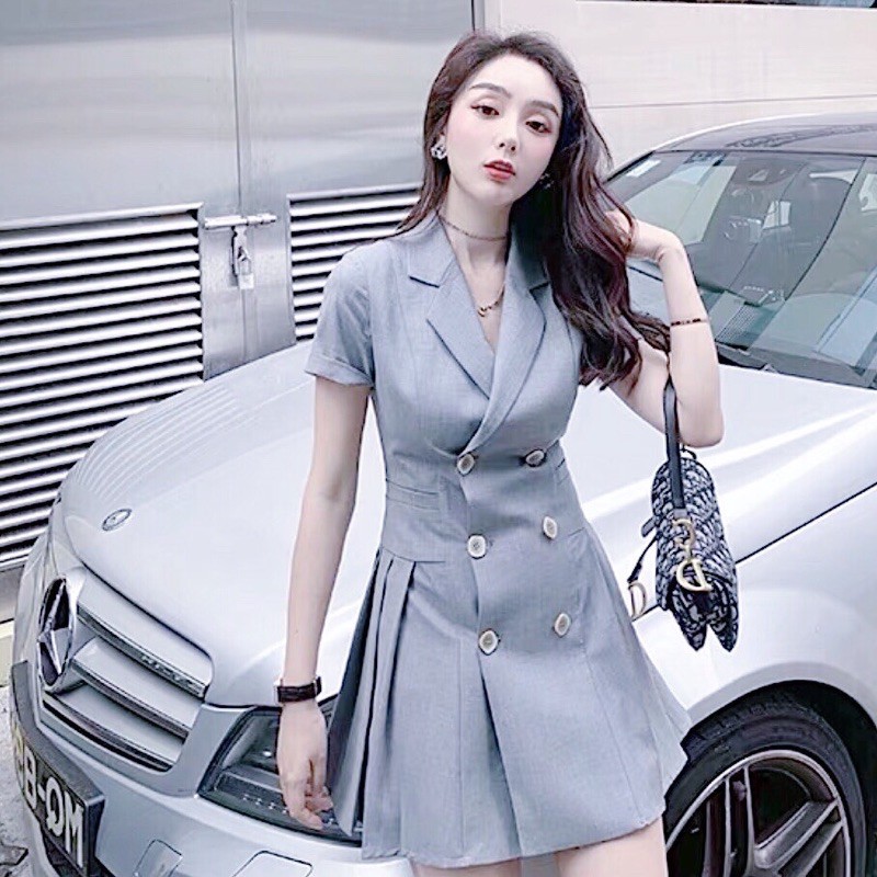 Đầm váy xám cổ vest xếp li