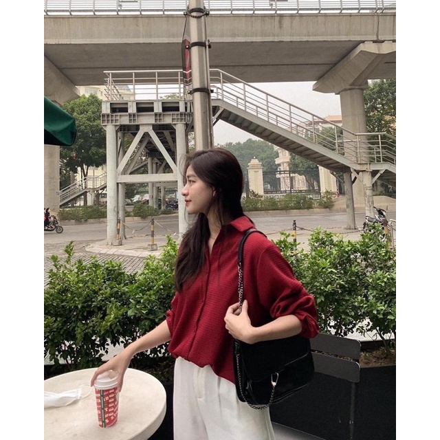 Áo sơ mi nữ chất vải da cá dày dặn tay dài có thể mặc đi làm hoặc đi chơi 3 màu freesize Pumi