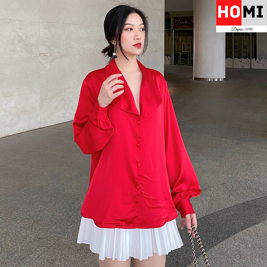 Áo sơ mi lụa tay dài màu đỏ đô nút bọc Freesize HOMI Fashion