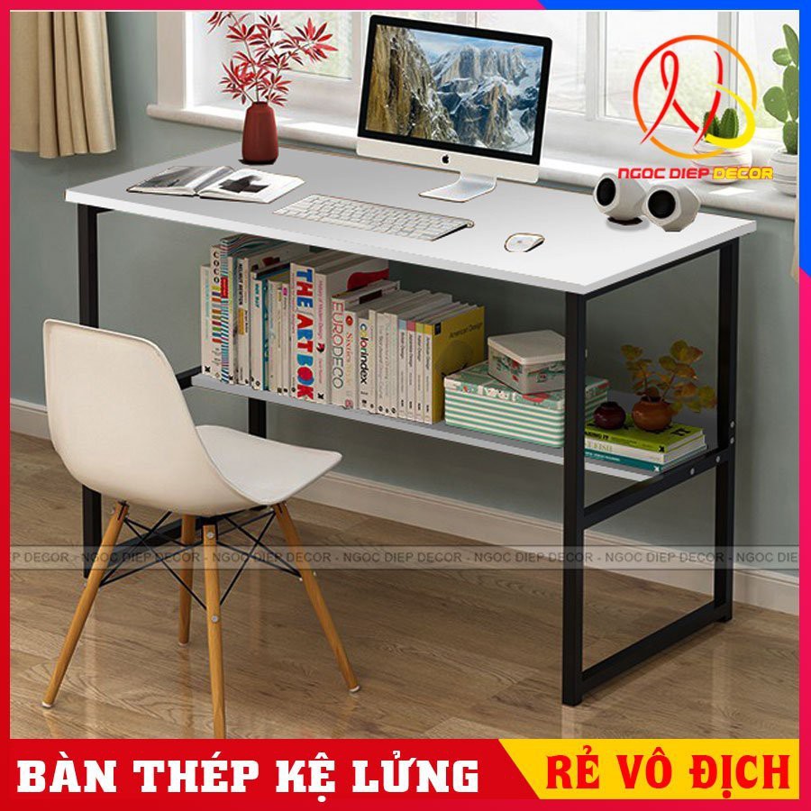 Bàn máy tính kèm giá sách mặt bàn dày 17mm tùy chọn size, bàn làm việc lắp ghép thông minh phù hợp làm việc, học tập