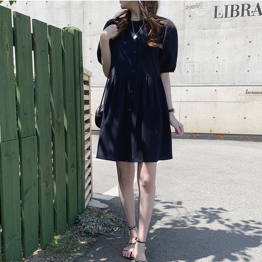 Đầm tay phồng cổ tròn màu trơn xinh xắn cho nữ 34980