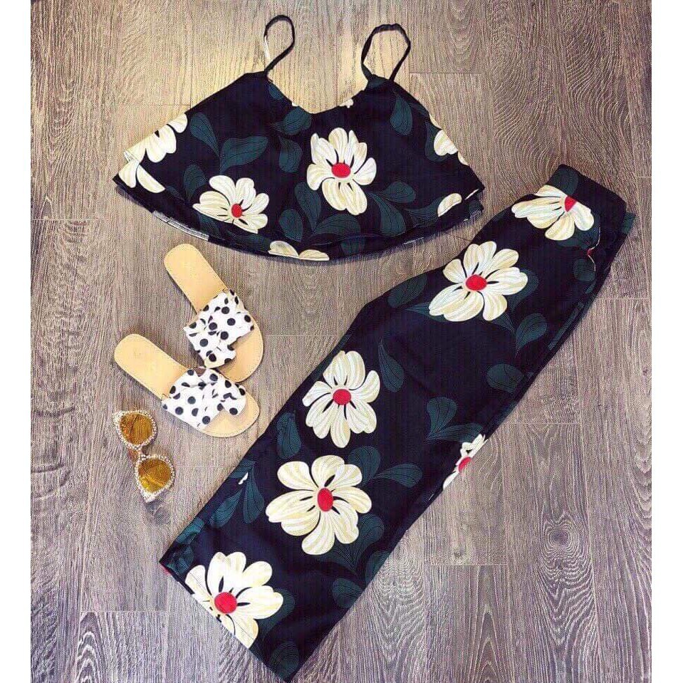 [ xả kho ] HS Set quần dài+áo 2 dây hoa to
