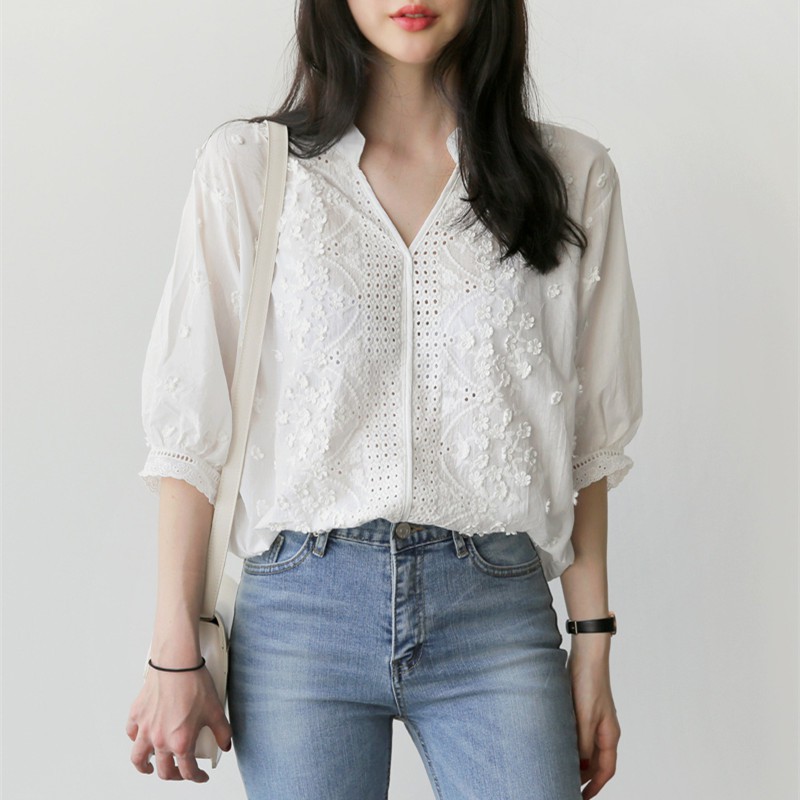 (HÀNG ORDER) Sơ mi thô hoa ren tay bồng lỡ KS M075-1