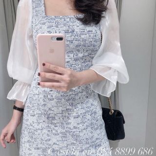 Đầm bố vintage cổ vuông tay phối kiếng