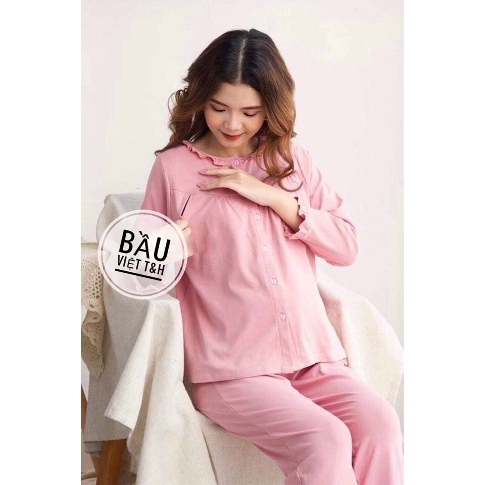 Bộ đồ bầu sau sinh mặc nhà Hàn Quốc, chất cotton, thoáng mát, tiện cho mẹ ty, size to