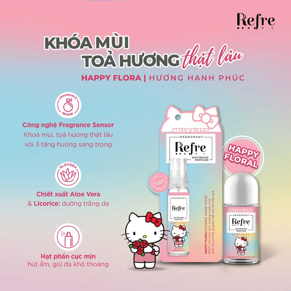 Lăn Khử Mùi Refre x Hello Kitty Whitening Perfume Happy Flora (Hương Hạnh Phúc) 40ml