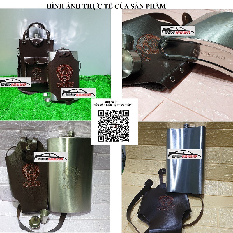 [Mã LIFEHLSALE2 giảm 10% đơn 0Đ] Bình đựng rượu nước inox cccp kèm bao da dày 0,6 shopaha247