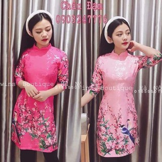 áo dài cách Tân gấm hình hoa đào