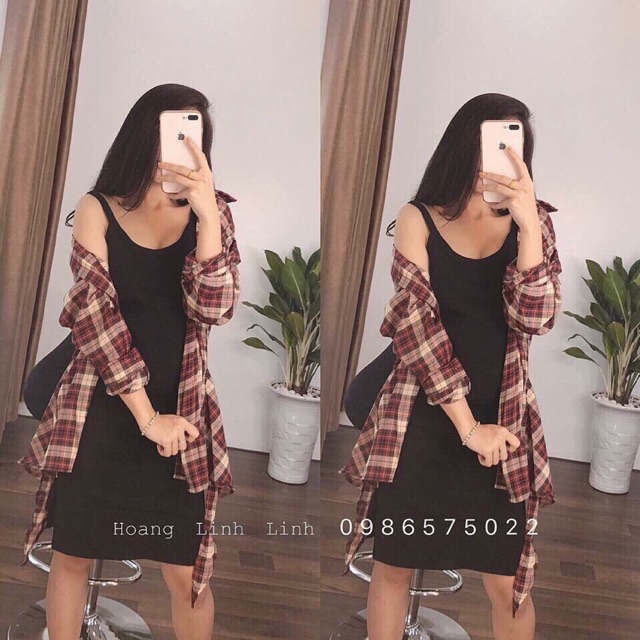 Set đầm body + khoác caro
