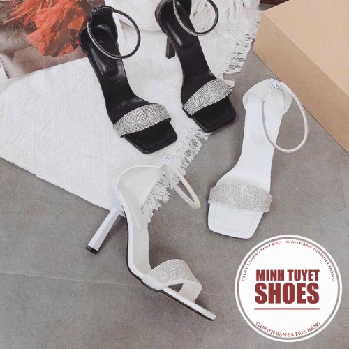 giày nữ bít gót quai ngang đính đá guốc cô dâu gót nhọn  sandal cao 9 phân mẫu mới 2022 Minhtuyetshoes