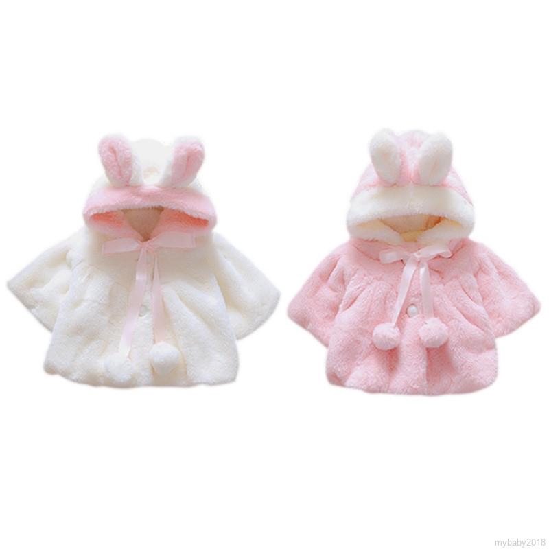 My Baby  Girl Imitation Rabbit Fur Ear Shawl Coat Hooded Cartoon Warm Thick Pink White Jacket