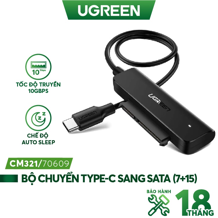 Cáp chuyển đổi USB 3.0 / USB type C sang Sata (7+15) cho ổ cứng ngoài SSD, HDD 2.5 inch, dài 50cm UGREEN CM321