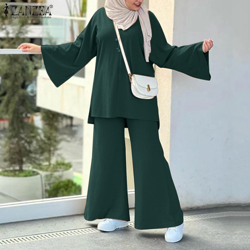 Zanzea Bộ Đồ Hồi Giáo Ống Loe Lưng Thun Có Túi Thời Trang Cho Nữ