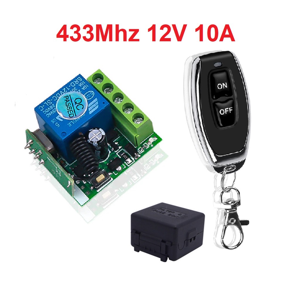 Bộ công tắc RF 10A,12V Bộ điều khiển từ xa  thu RF 2 tiếp điểm Relay 10A RF 433 MHz học lệnh 3 chế độ học lệnh