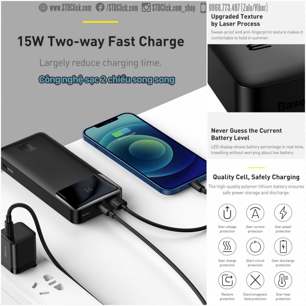 PIN SẠC DỰ PHÒNG BASEUS BIPOW CHÍNH HÃNG 10.000 mAh - 20.000 mAh - 30.000 mAh CÔNG SUẤT 15W - 20W