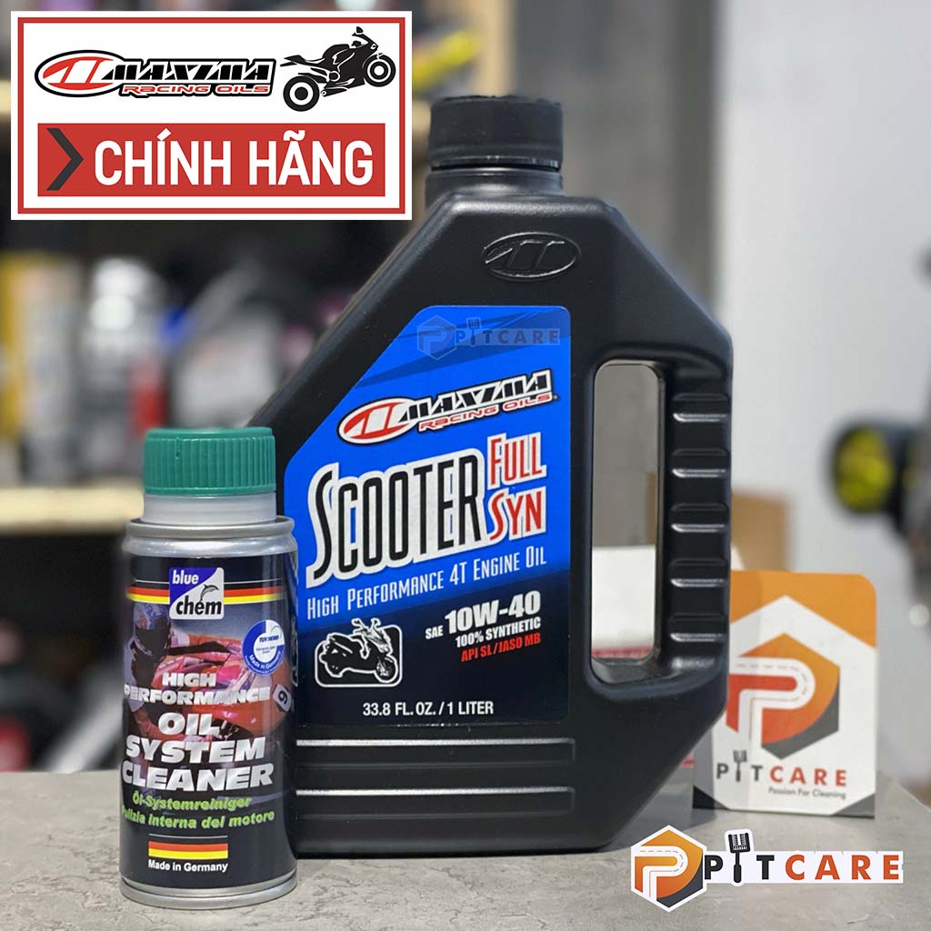 Combo Nhớt Xe Tay Ga Maxima Scooter Full Syn 10W40 Có Chiết Lẻ Và Dung Dịch Súc Rửa Động Cơ Bluechem 50ml