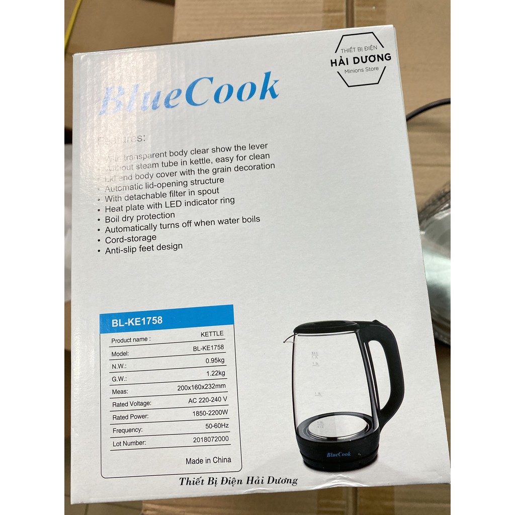 Ấm Đun Siêu Tốc Blue Cook BL-KE1758 1.7L - Công Suất 2200w - Đun Sôi Nhanh Chóng - Bảo hành 12 tháng