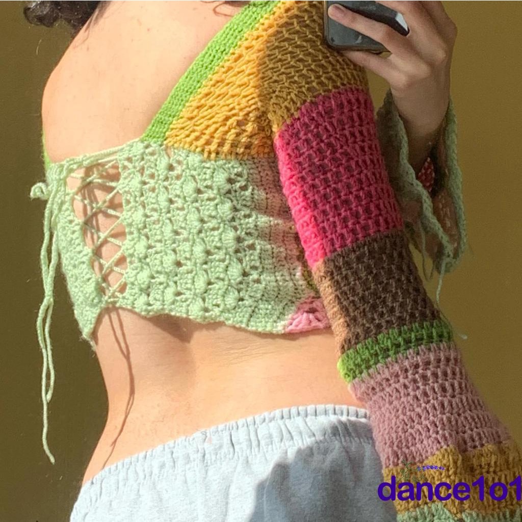 Áo Dệt Kim Tay Loe Dài Phong Cách Vintage Khiêu Vũ1O1-Y2K