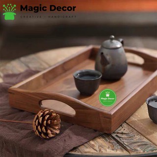 Khay trà hình chữ nhật có tay cầm gỗ óc chó kích thước 25x38cm