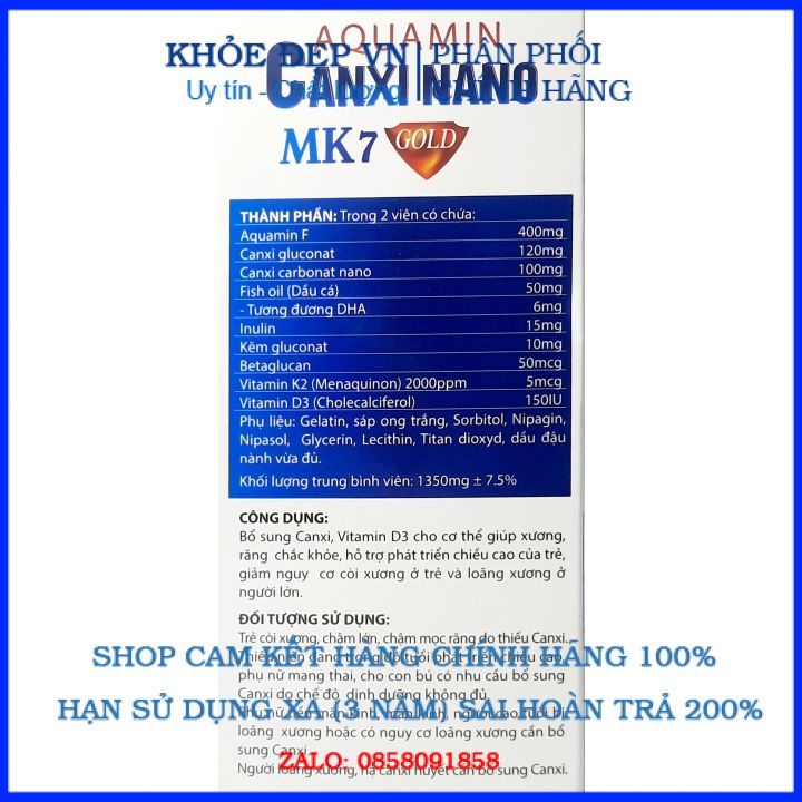 Viên uống canxi nano Mk7 bổ dung dưỡng chất glucosamin cho khớp ngừa loãng xương hôp 30 viên