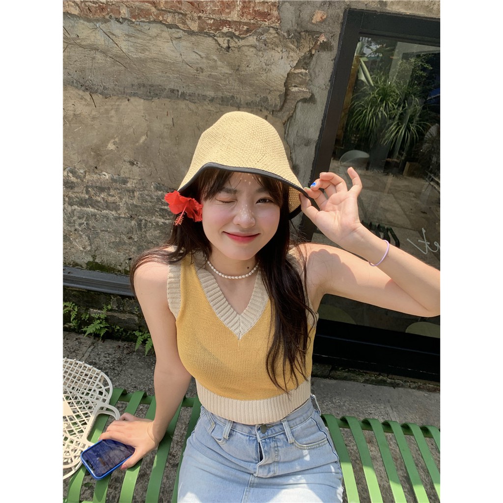 Cocory vn Áo không tay cổ chữ V dệt kim kẻ sọc thời trang cho nữ | BigBuy360 - bigbuy360.vn