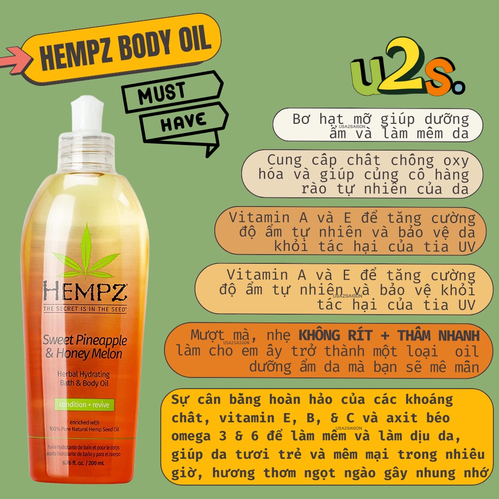 Dầu lỏng dưỡng da Hempz Sweet Pineapple & Honey Melon Hydrating Bath & Body Oil 200ML