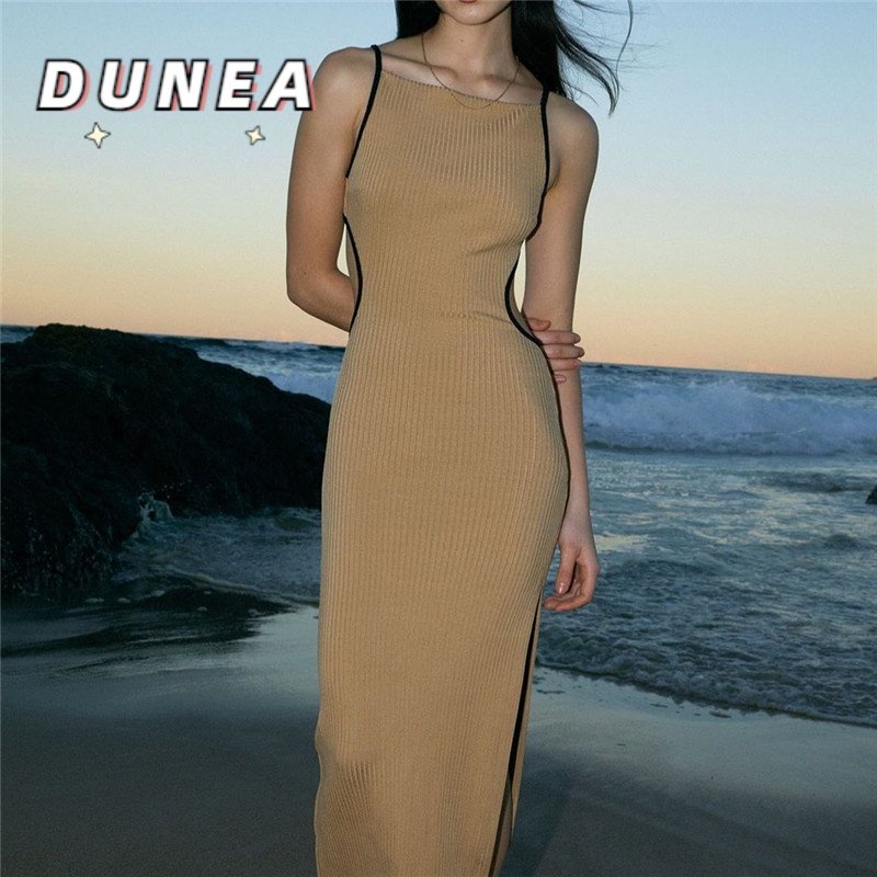 Đầm không tay DUNEA phối ren hở lưng thắt nơ thời trang quyến rũ cho nữ