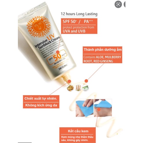 Kem Chống Nắng 3W Clinic Intensive UV Sunblock Cream SPF 50 PA+++ (70ml)