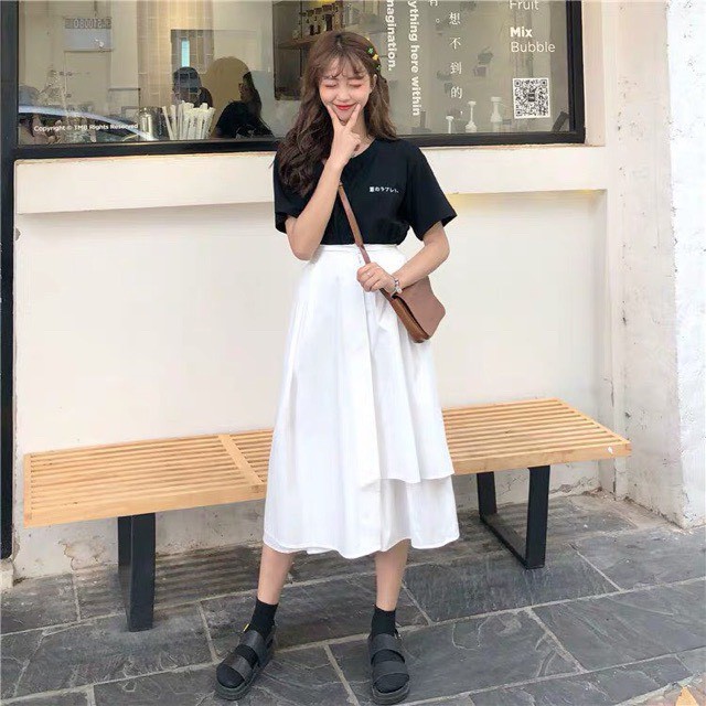 Chân váy dài ulzzang qua gối siêu hot ♥️ Chân váy dài trắng/đen, chân váy tầng - NhimShop CV01