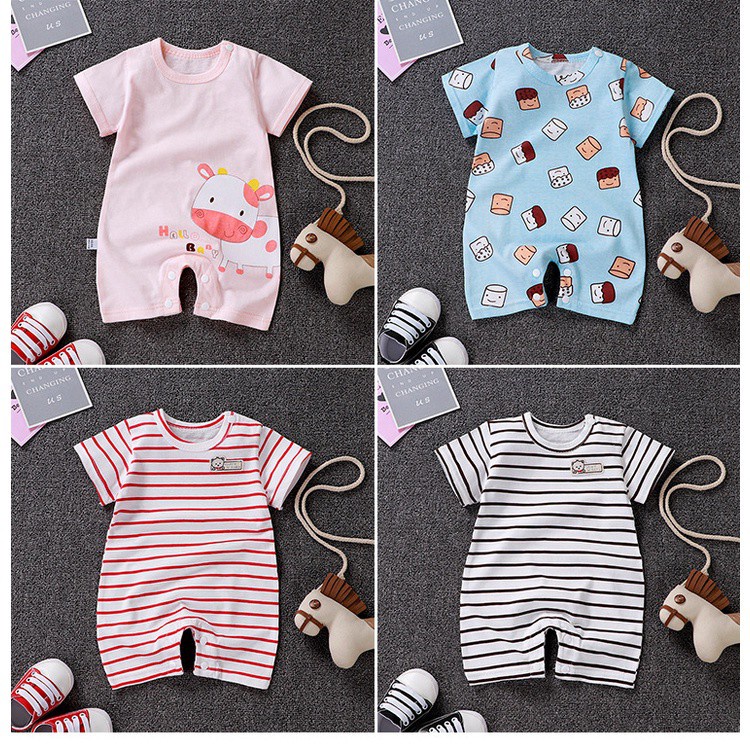 Đồ ngủ liền thân tay ngắn bằng cotton thoáng khí in hoạt hình thời trang Hàn Quốc mùa hè sành điệu cho bé
