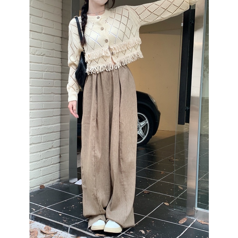 Áo cardigan ZHELIHANGFEI dệt kim tay dài lưng cao thiết kế tua rua phong cách thời trang