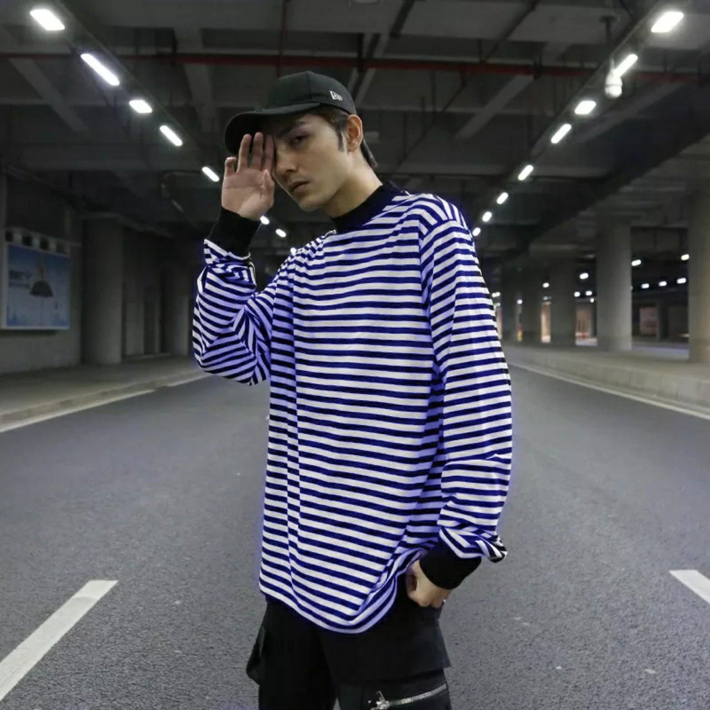 Áo thun nam tay dài cổ tròn sọc ngang xanh trắng áo thun nam form rộng tay lỡ , áo thun nam  tay dài áo thun unisex