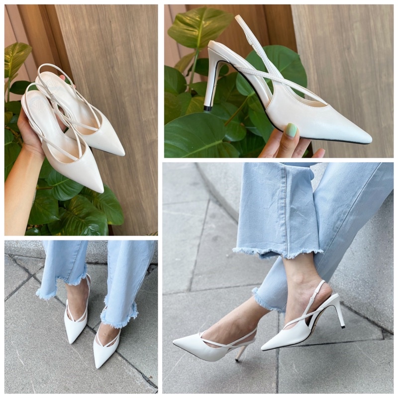 Giày cao gót mũi nhọn dáng slingback phối quai chữ V gót nhọn cao 7cm thời trang